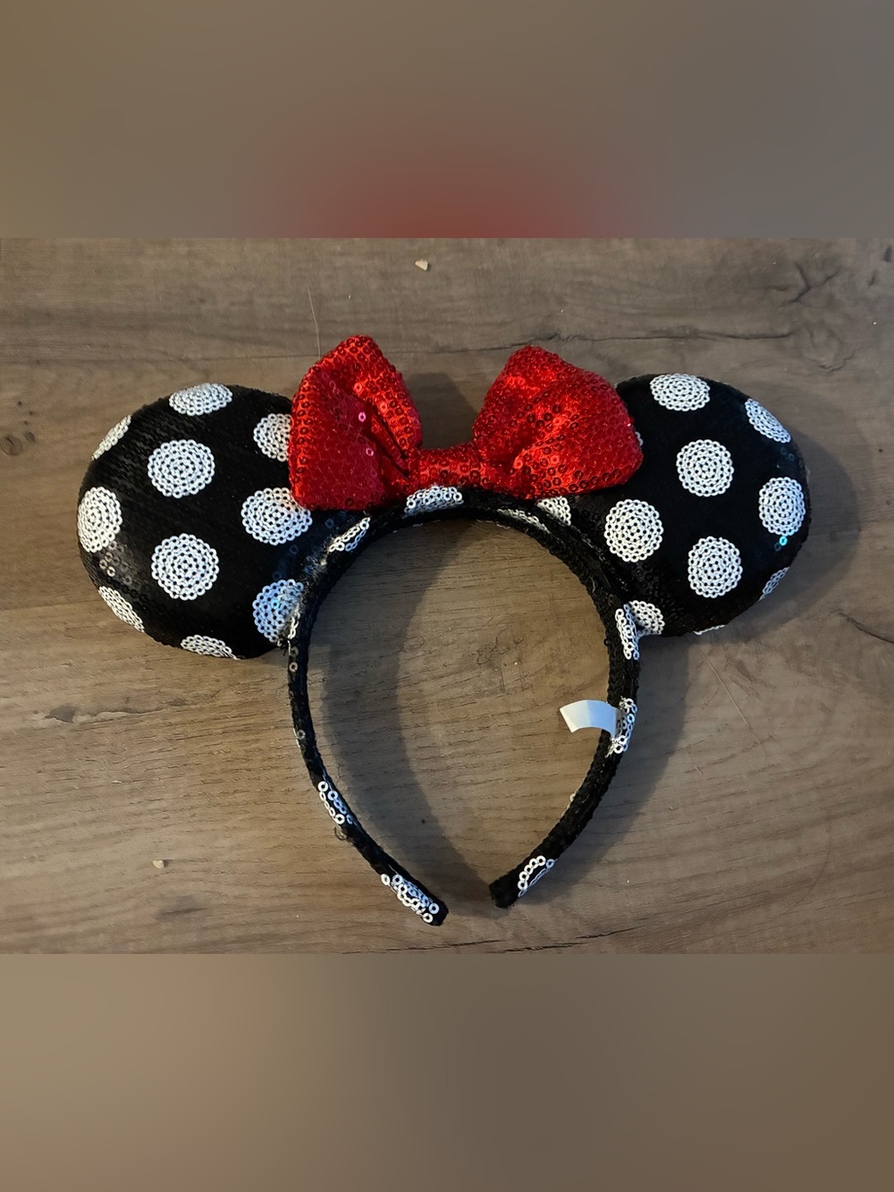 Disney Black and White Polka Dot Sequin Minnie Headband with Red Bow